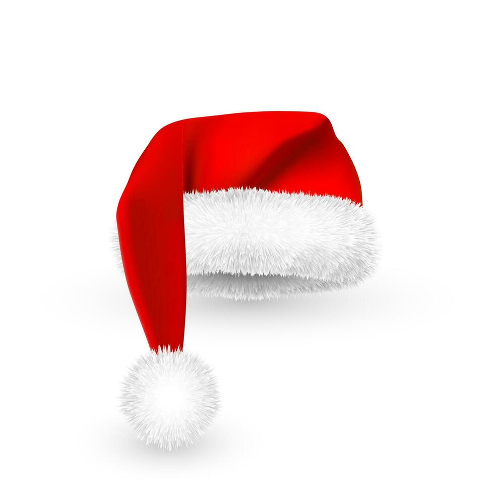 realista rojo Papa Noel claus sombrero aislado en blanco antecedentes. degradado malla Papa Noel claus gorra con pelo. vector ilustración