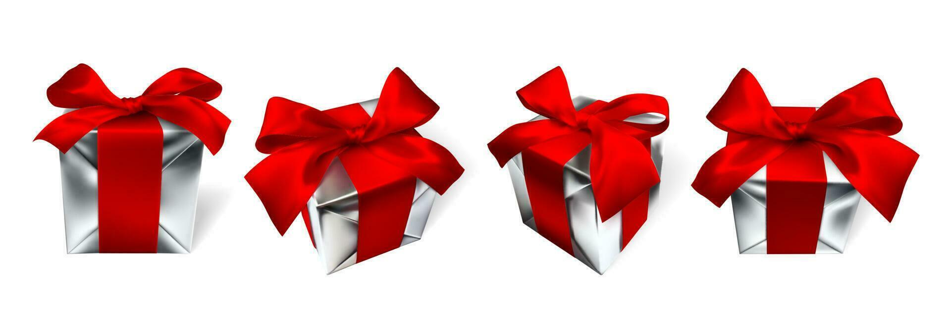Realistic gift box with red bow isolated on white background. Vector illustration