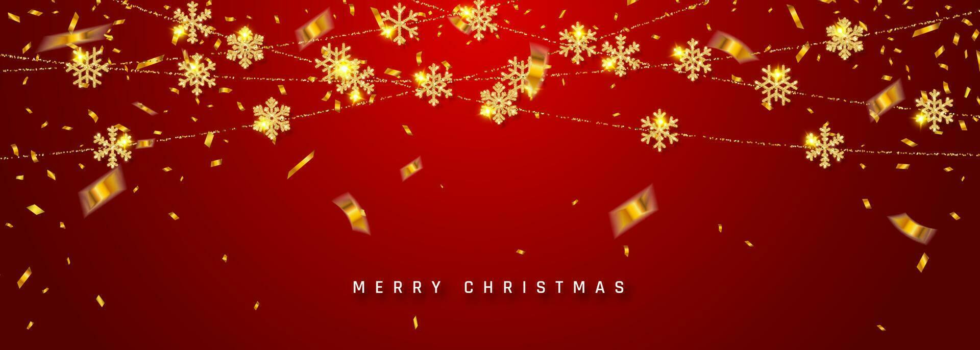 Navidad o nuevo año dorado copo de nieve decoración guirnalda con papel picado en rojo antecedentes. colgando Brillantina copo de nieve. chino nuevo año saludo tarjeta vector ilustración