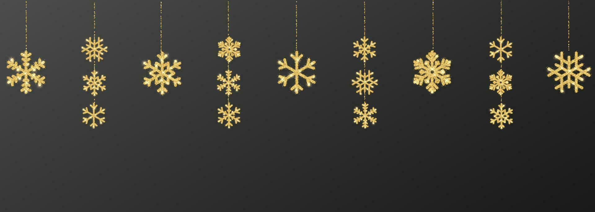 Christmas or New Year golden snowflake decoration garland on black background. Hanging glitter snowflake. Vector illustration