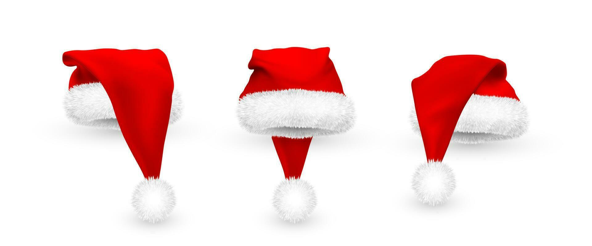 Realistic Red Santa Claus hat isolated on white background. Gradient mesh Santa Claus cap with fur. Vector illustration