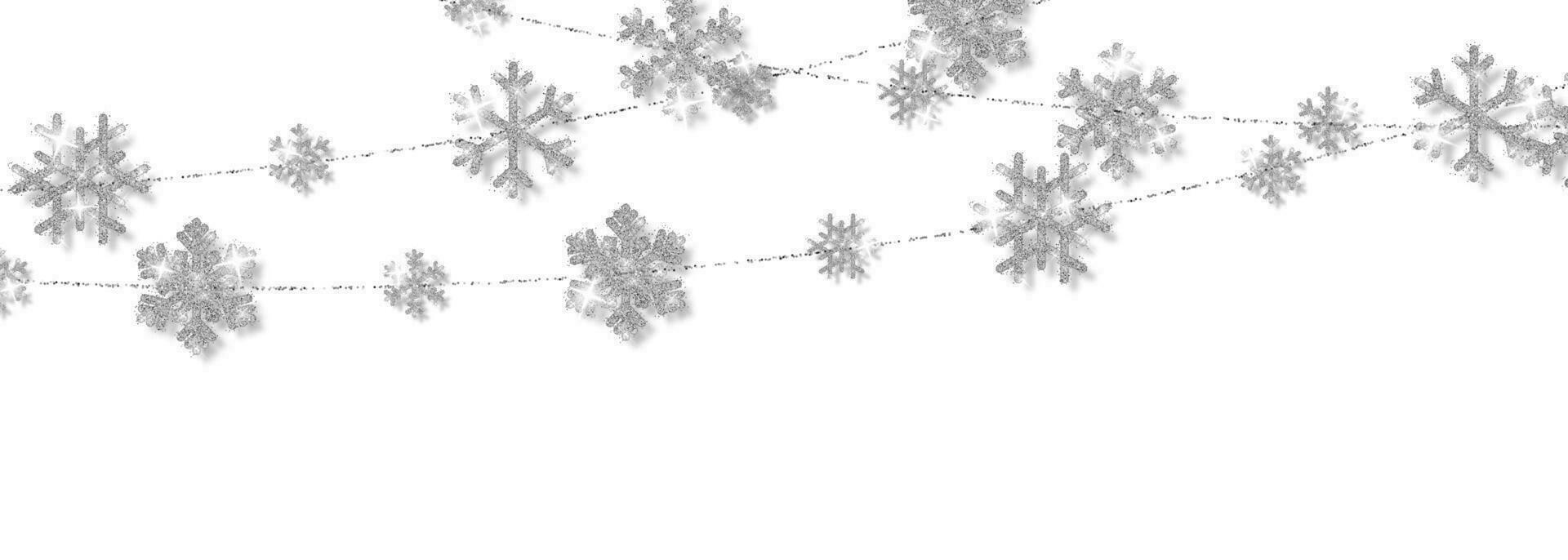 Navidad o nuevo año plata copo de nieve decoración guirnalda en blanco antecedentes. colgando Brillantina copo de nieve. vector ilustración