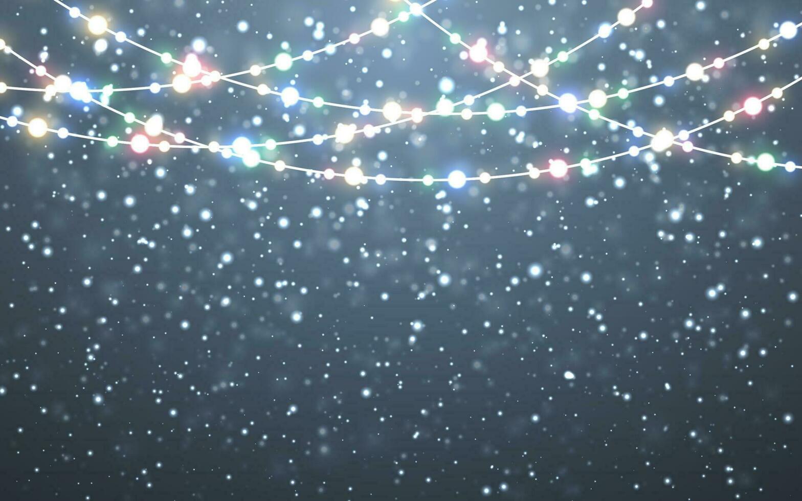 Christmas snow. Falling white snowflakes on dark background. Xmas Color garland, festive decorations. Glowing christmas lights. Vector snowfall, snowflakes flying in winter air