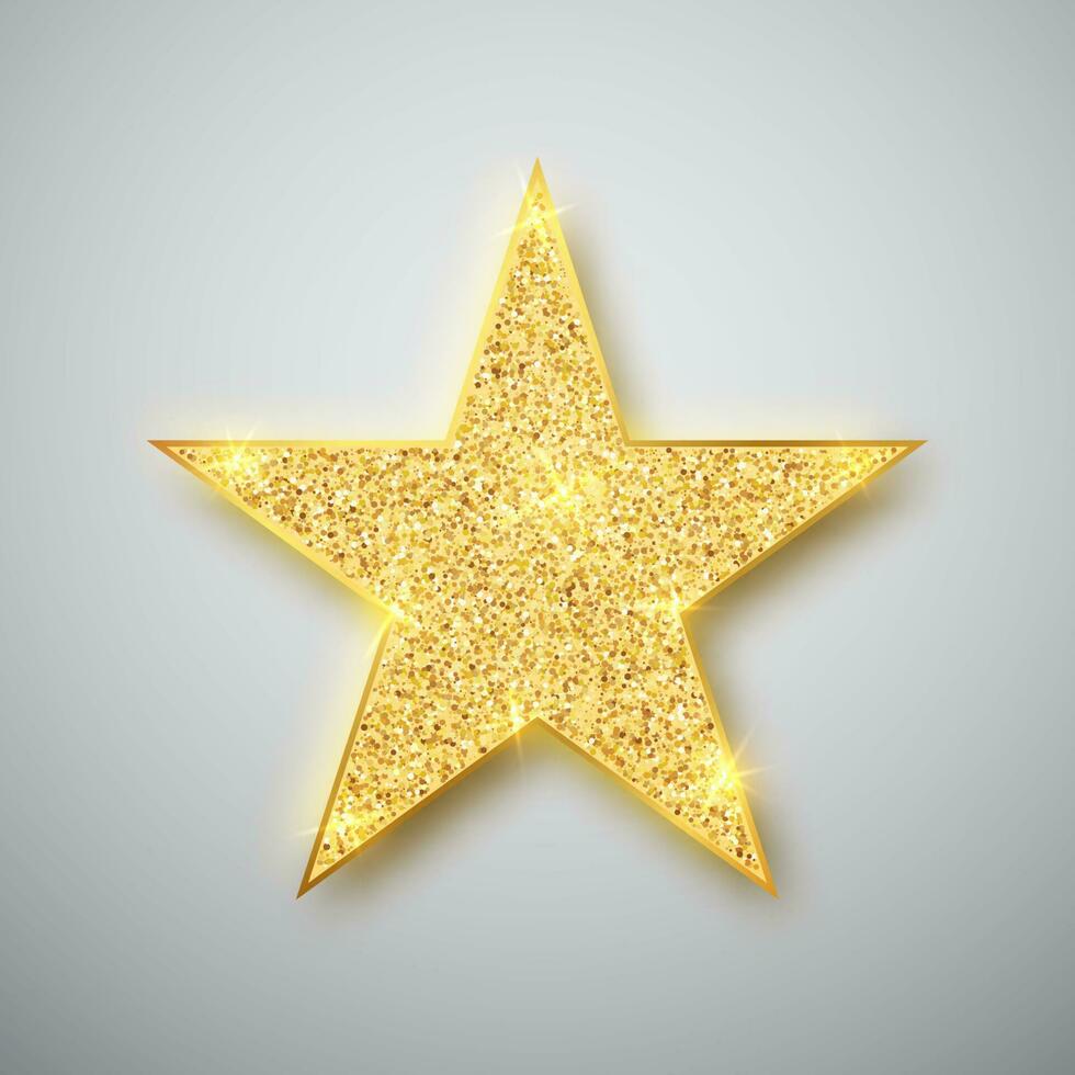 oro brillante Brillantina brillante estrella con sombra aislado en gris antecedentes. vector ilustración