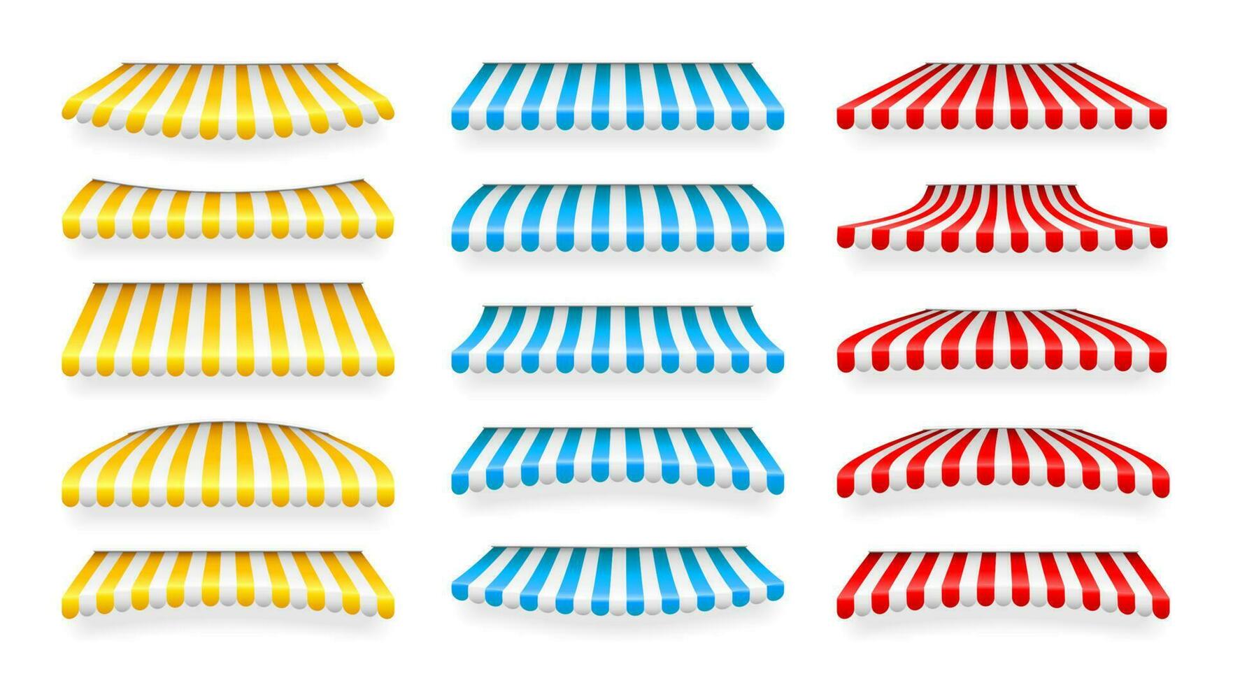 Realistic striped shop sunshade. Store awning. Shop tent isolated set. Vector illustration