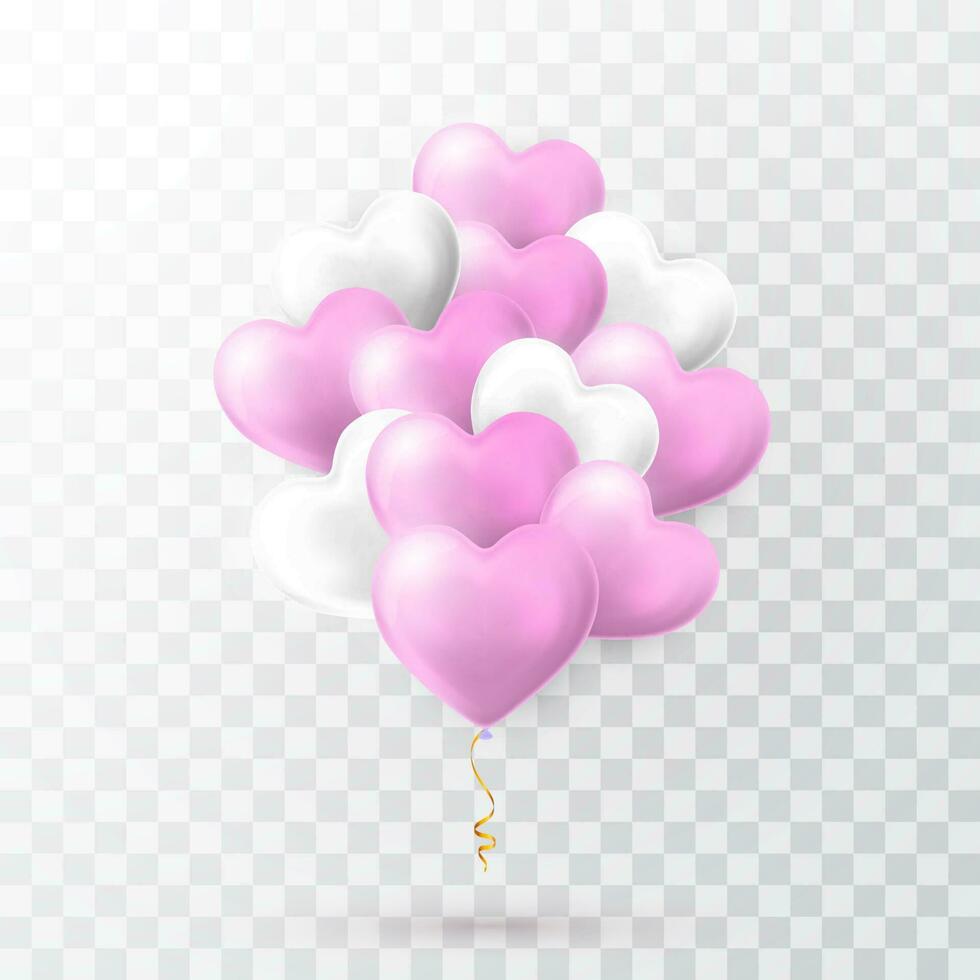 Happy Valentines Day background, flying bunch of pink and white helium balloon in form of heart. Vector illustration