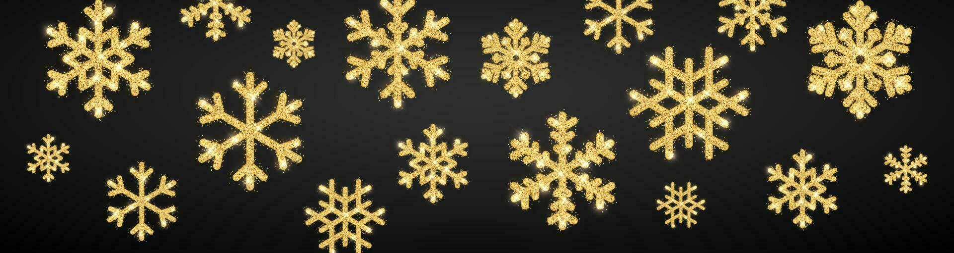 Shining gold snowflakes on black background. Christmas and New Year background. Vector illustration