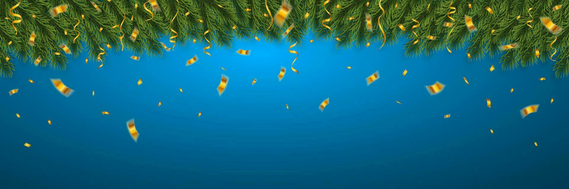 Festive Christmas or New Year Background. Christmas firtree branches with confetti. Holiday's Background. Vector illustration