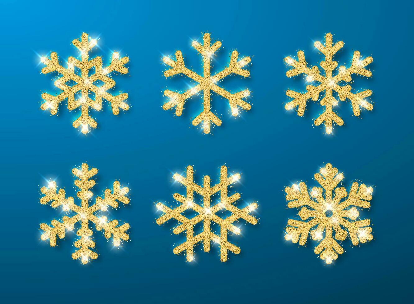 Shining gold glitter glowing snowflakes on blue background. Christmas and New Year decoration. Vector illustration