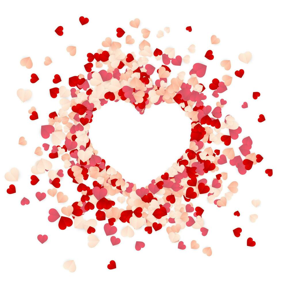 Happy Valentines Day background, paper red, pink and white hearts confetti. Vector illustration