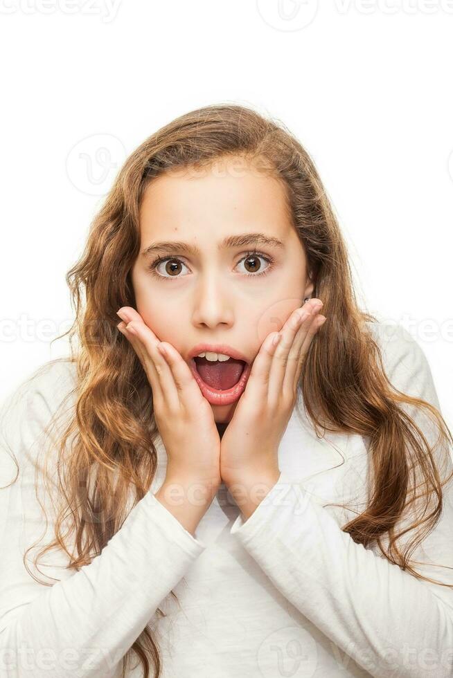 Surprised and horrified young girl looking at camera with eyes wide-opened isolated on white background photo