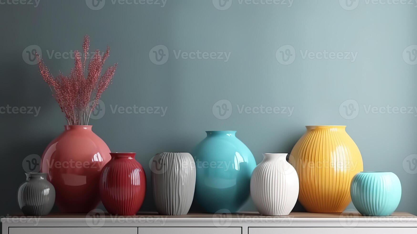 Vases on chest of drawers close up near wall. photo