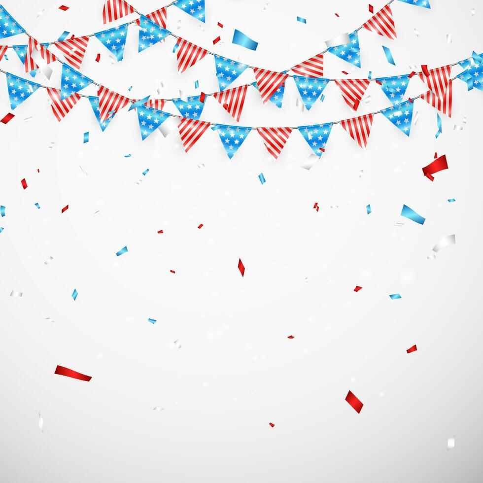 Hanging Bunting Flags for American Holidays card design. American flag garland with confetti background. Vector illustration