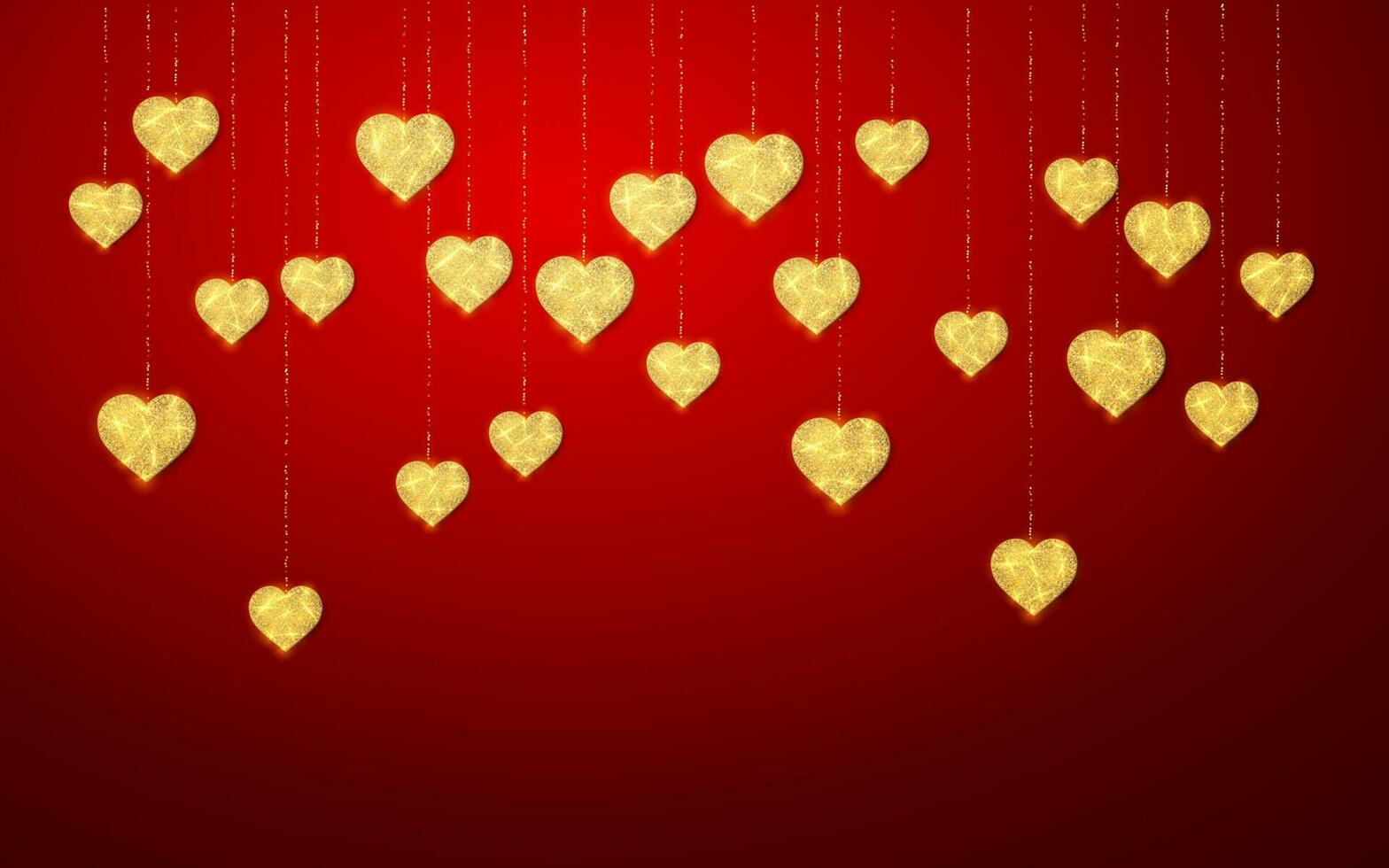 Gold hanging shiny glitter glowing heart isolated on red background