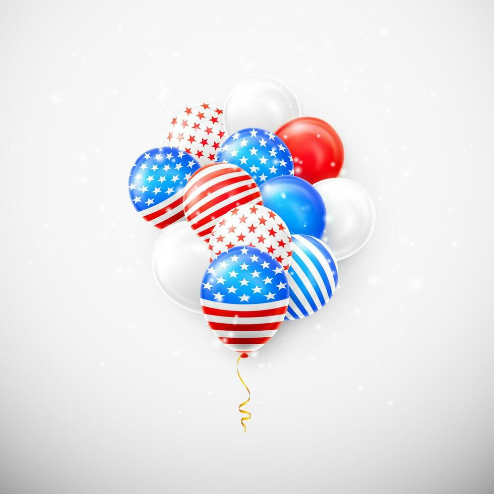 Helium balloons with American flag isolate on white background. Shine USA helium balloon festival decoration. Vector illustration