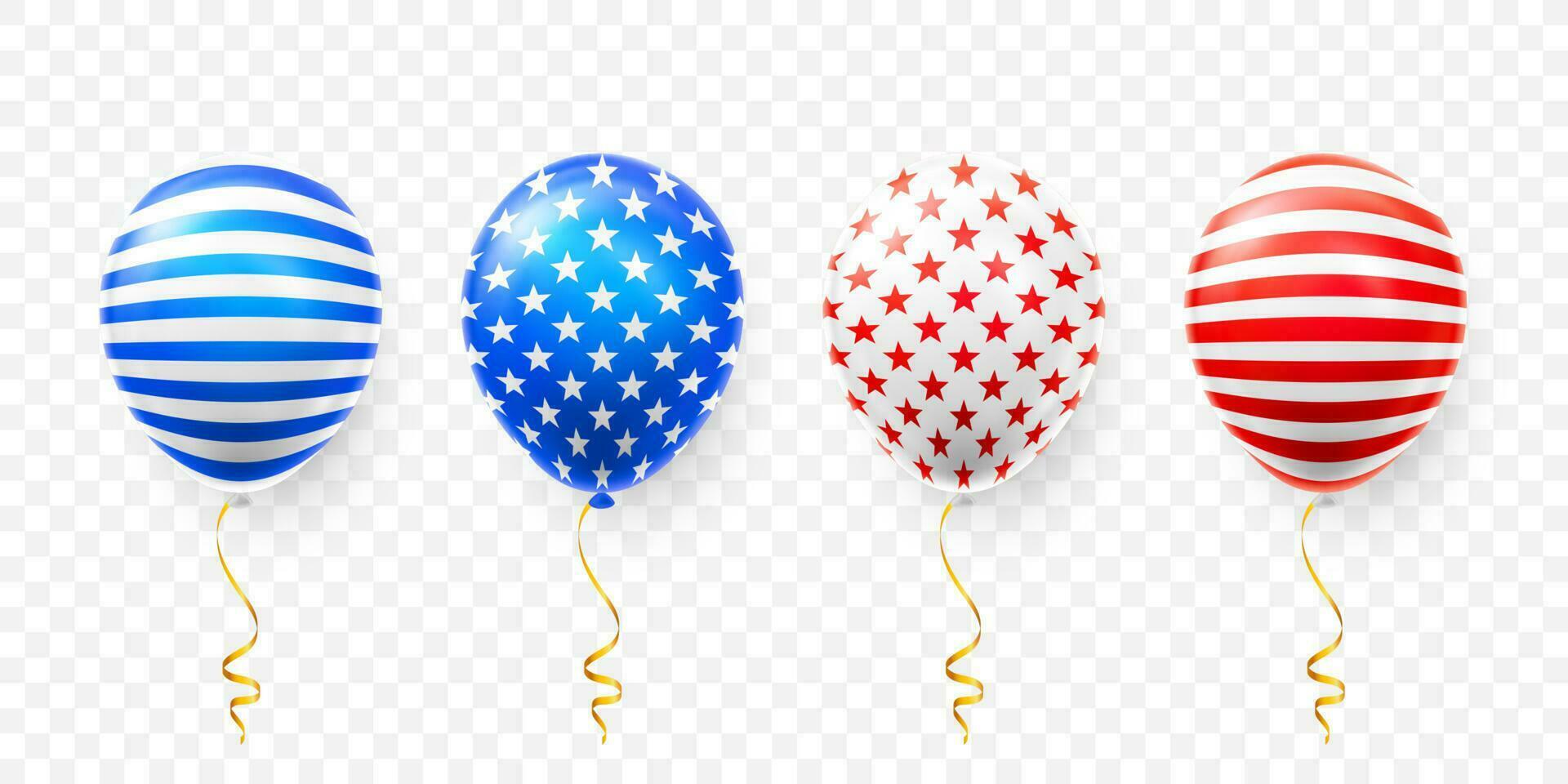 Helium balloons with American flag isolate on white background. Shine USA helium balloon festival decoration. Vector illustration