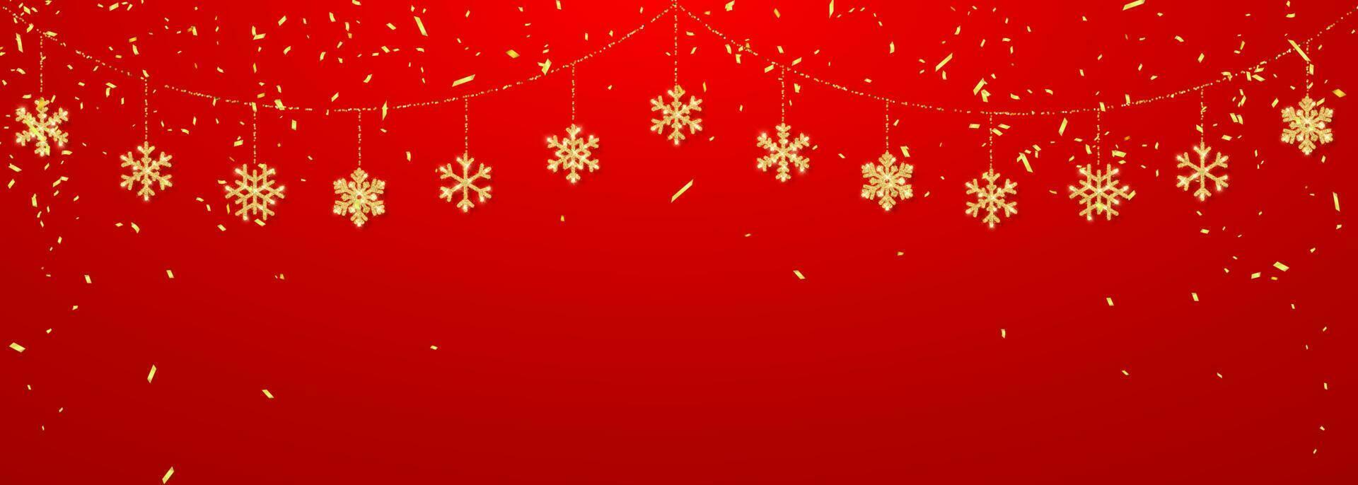 Christmas or New Year golden snowflake decoration garland on red background. Hanging glitter snowflake. Vector illustration