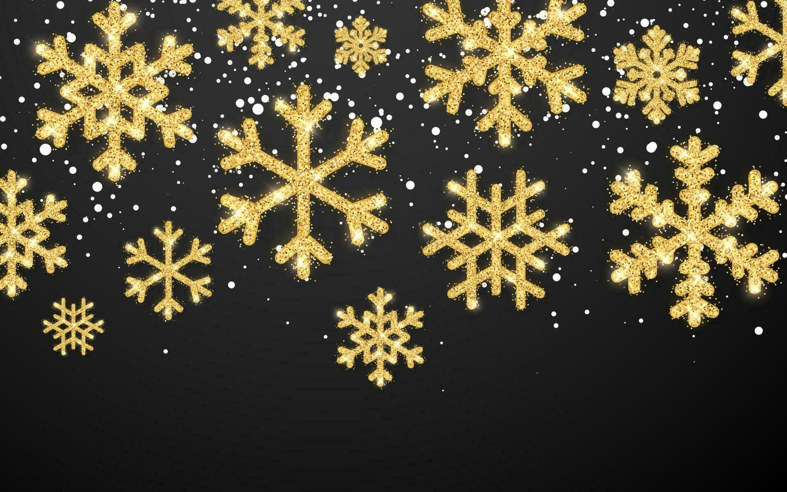 brillante oro copos de nieve en negro antecedentes. Navidad y nuevo año antecedentes. vector ilustración