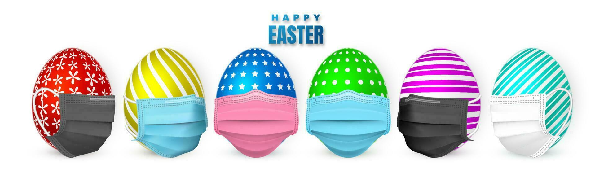 Happy Easter. Color Easter egg in medical face mask on white background. Vector illustration