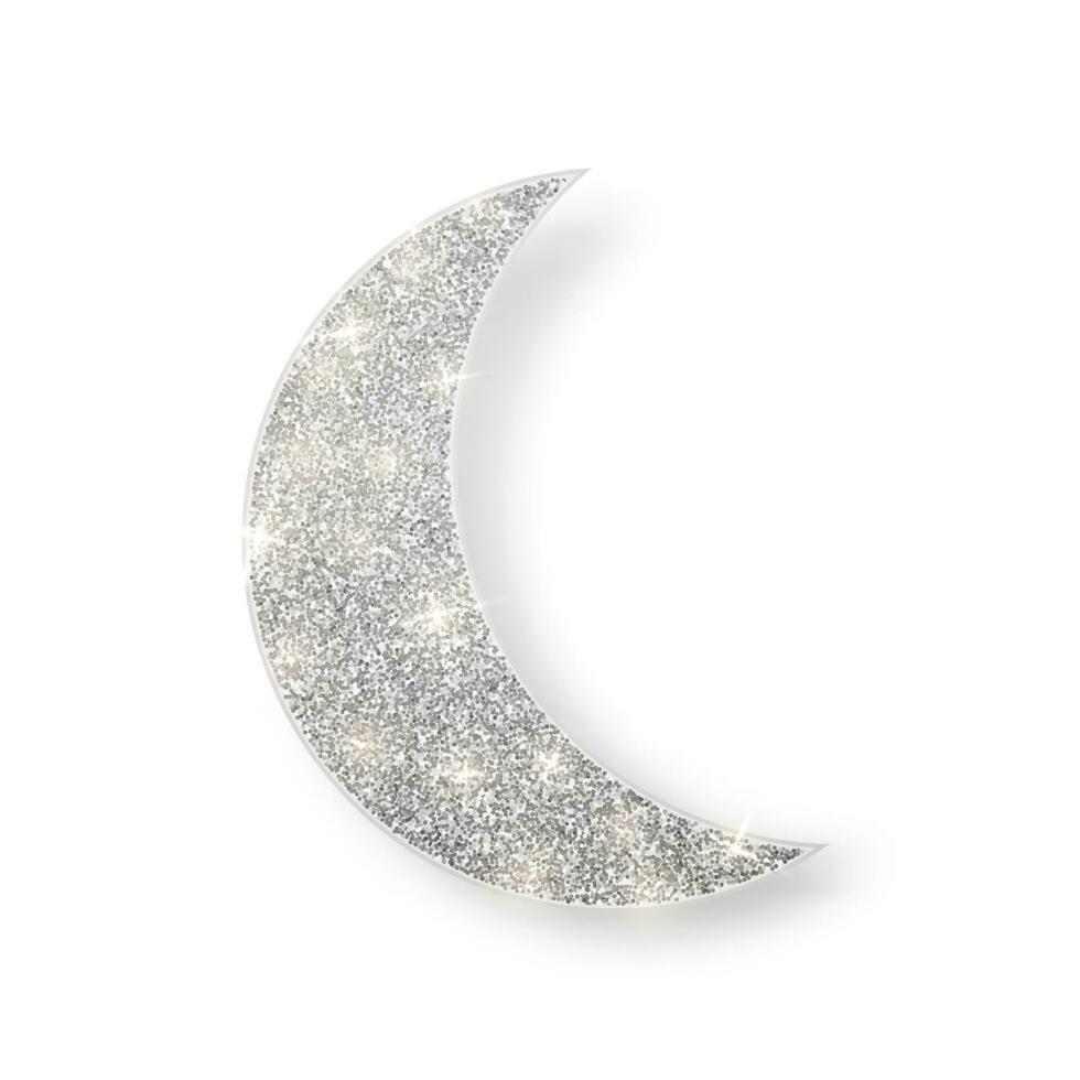 plata brillante Brillantina brillante medio Luna con sombra aislado en blanco antecedentes. creciente islámico para Ramadán kareem diseño elemento. vector ilustración