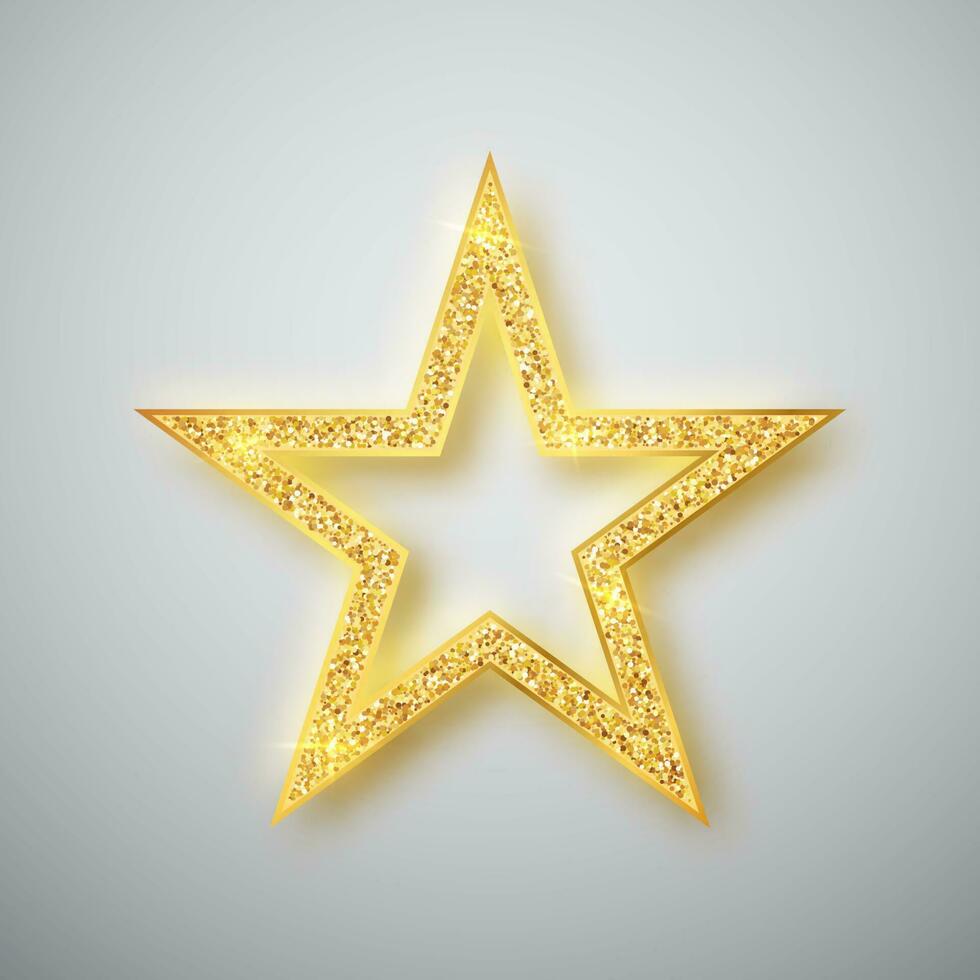 Gold shiny glitter glowing star with shadow isolated on gray background. Vector illustration