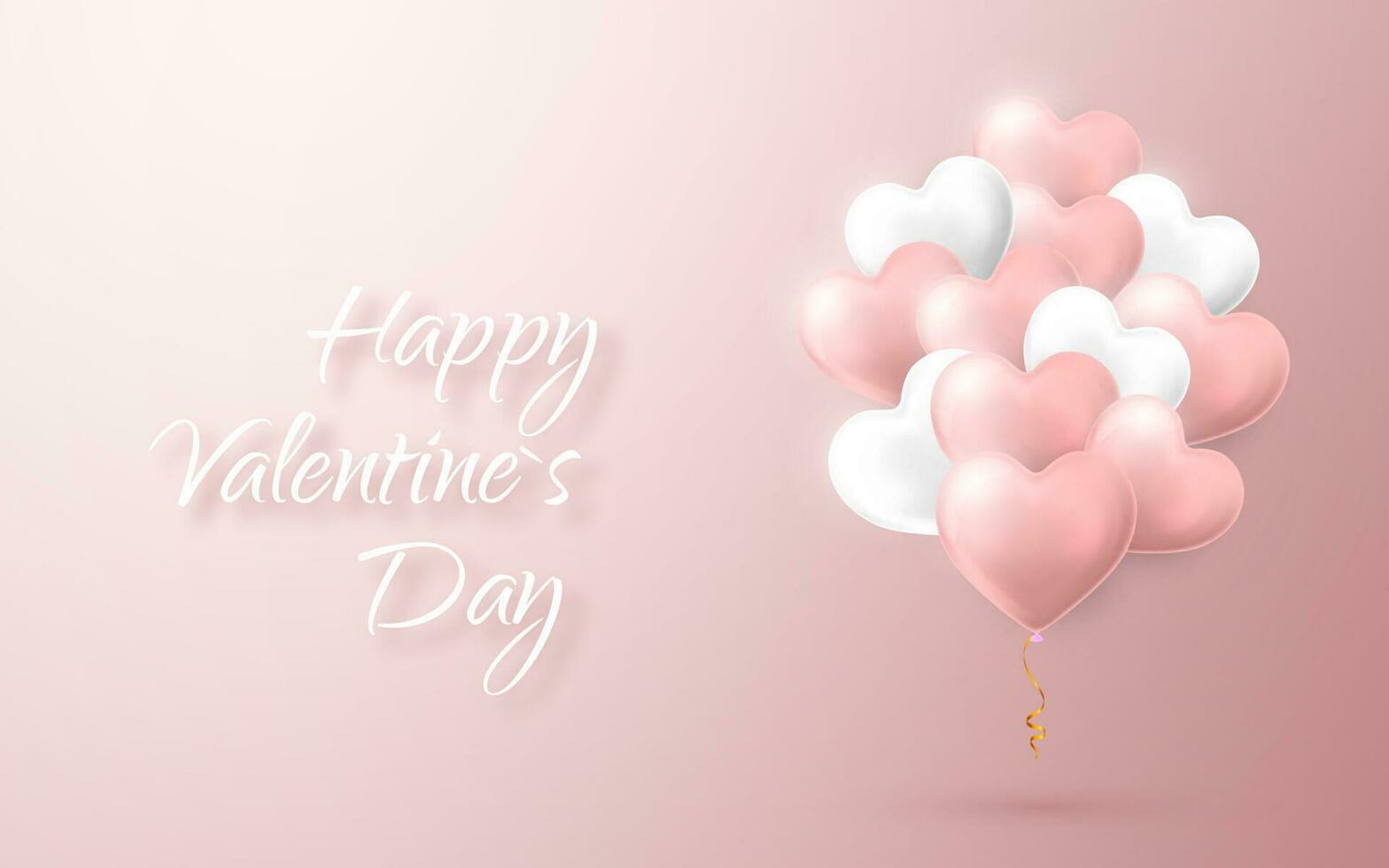 Happy Valentines Day background, flying bunch of pink and white helium balloon in form of heart. Vector illustration