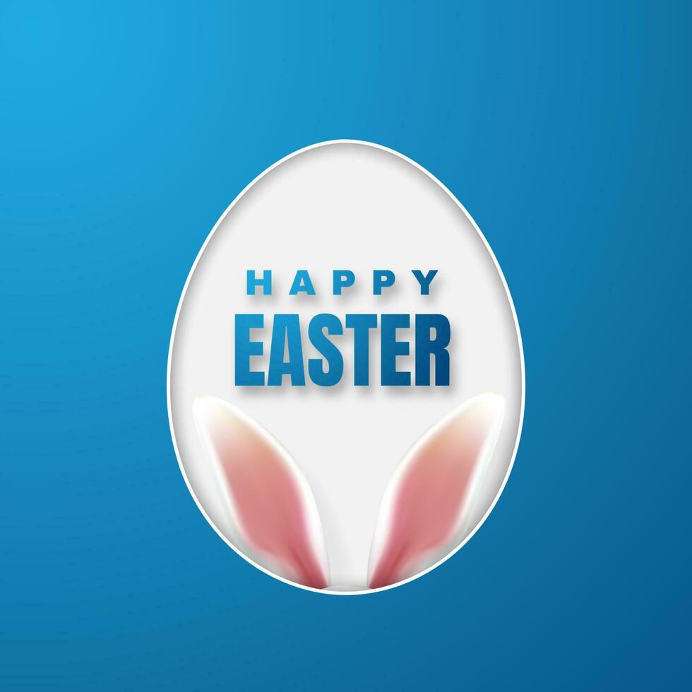 Happy Easter Greeting Card with Easter Bunny. Color Paper Easter Egg on Blue Background. Vector illustration