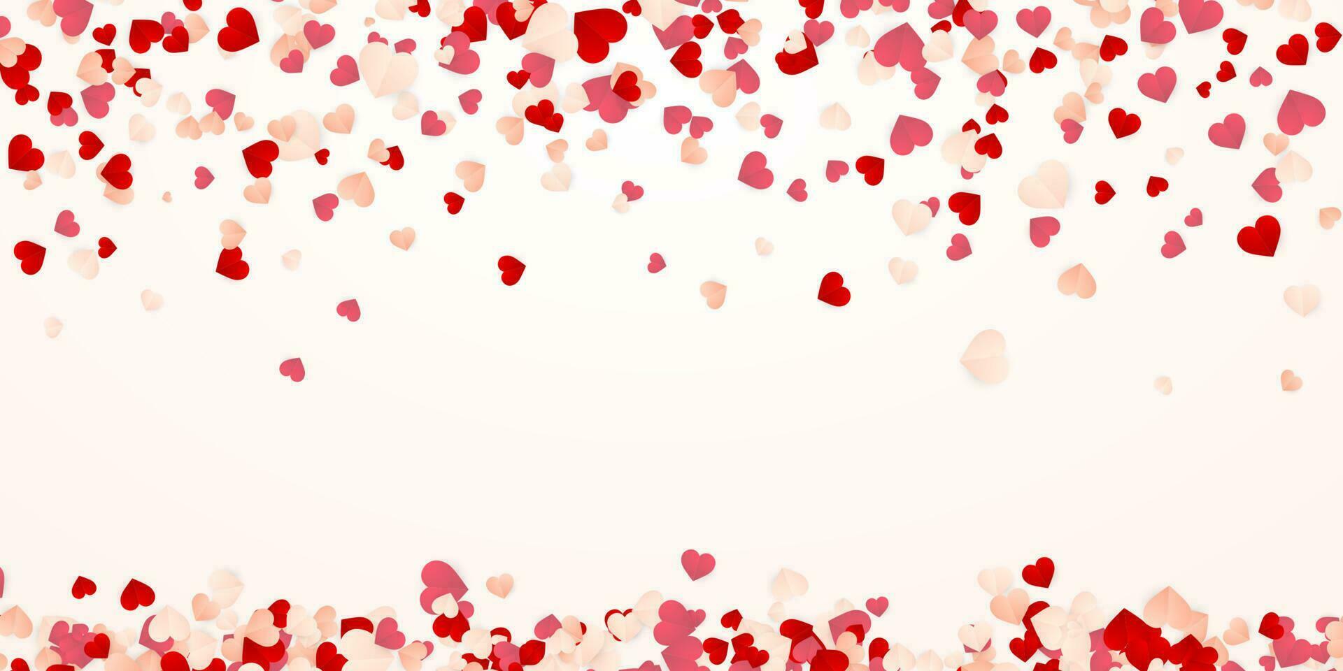 Happy Valentines Day background, paper red, pink and white orange hearts confetti. Vector illustration