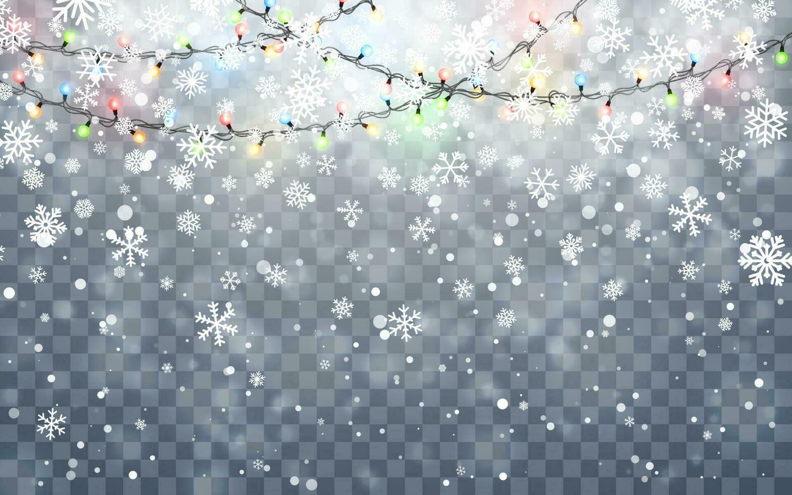 Christmas snow. Falling white snowflakes on dark background. Xmas Color garland, festive decorations. Glowing christmas lights. Vector snowfall, snowflakes flying in winter air