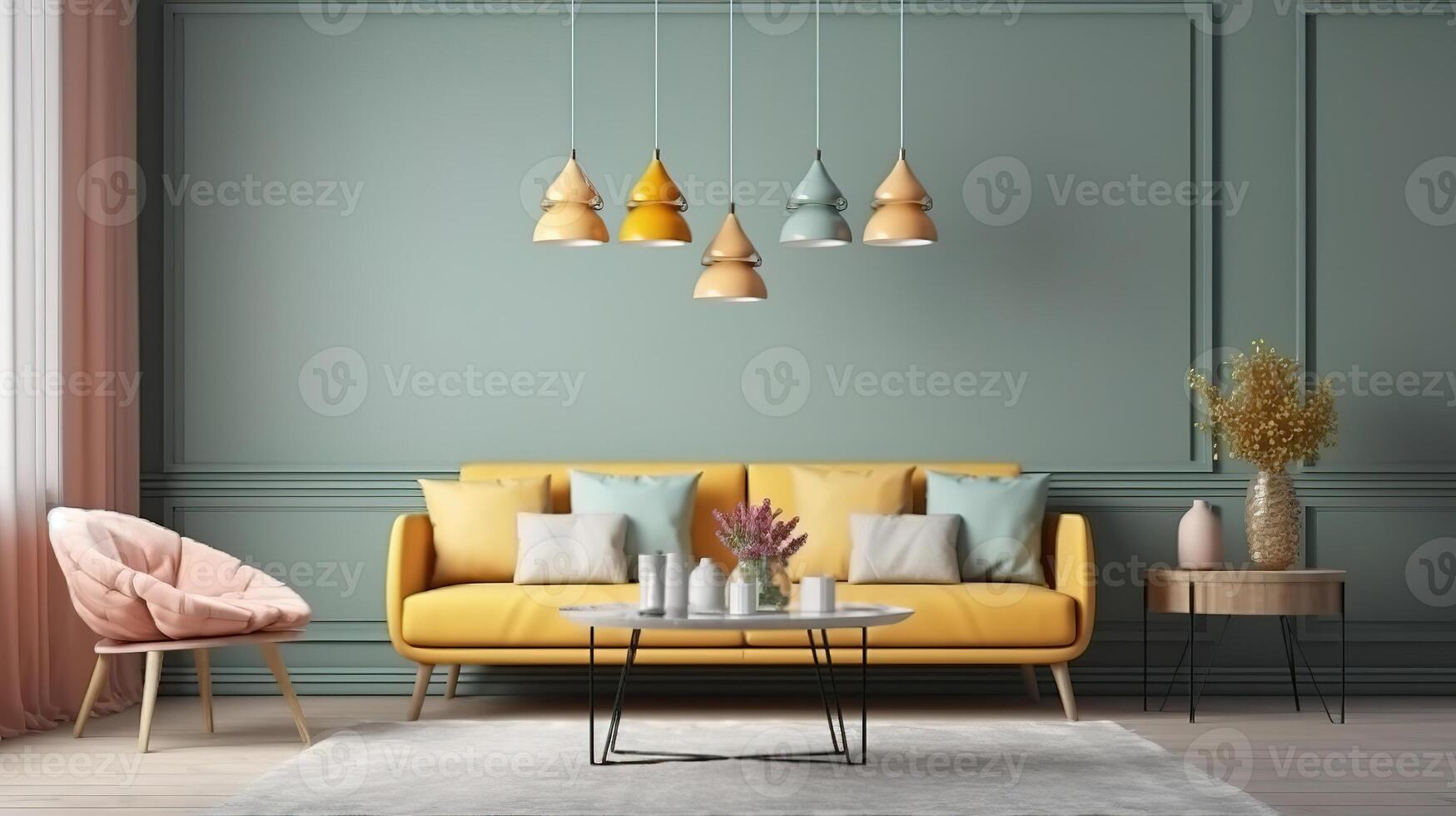 Living room in home interior, wall mockup, 3d render. photo