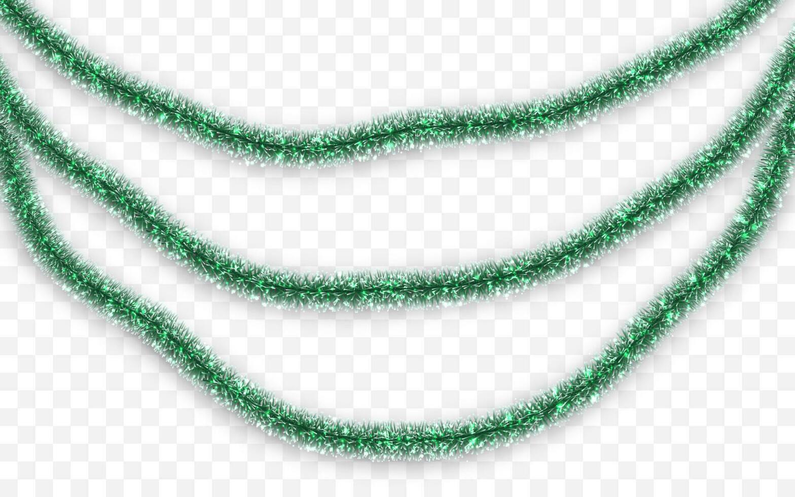 Christmas or New Year traditional decorations. Hanging glitter Xmas tinsel garland. Decor element. Vector illustration