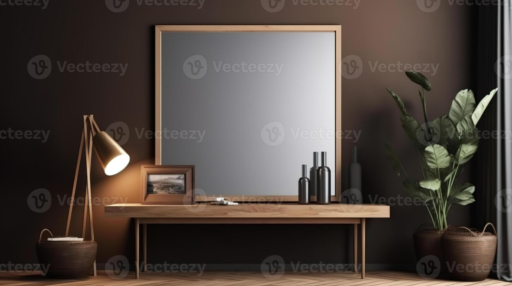 Picture frame mockup hanging in a modern living room. photo