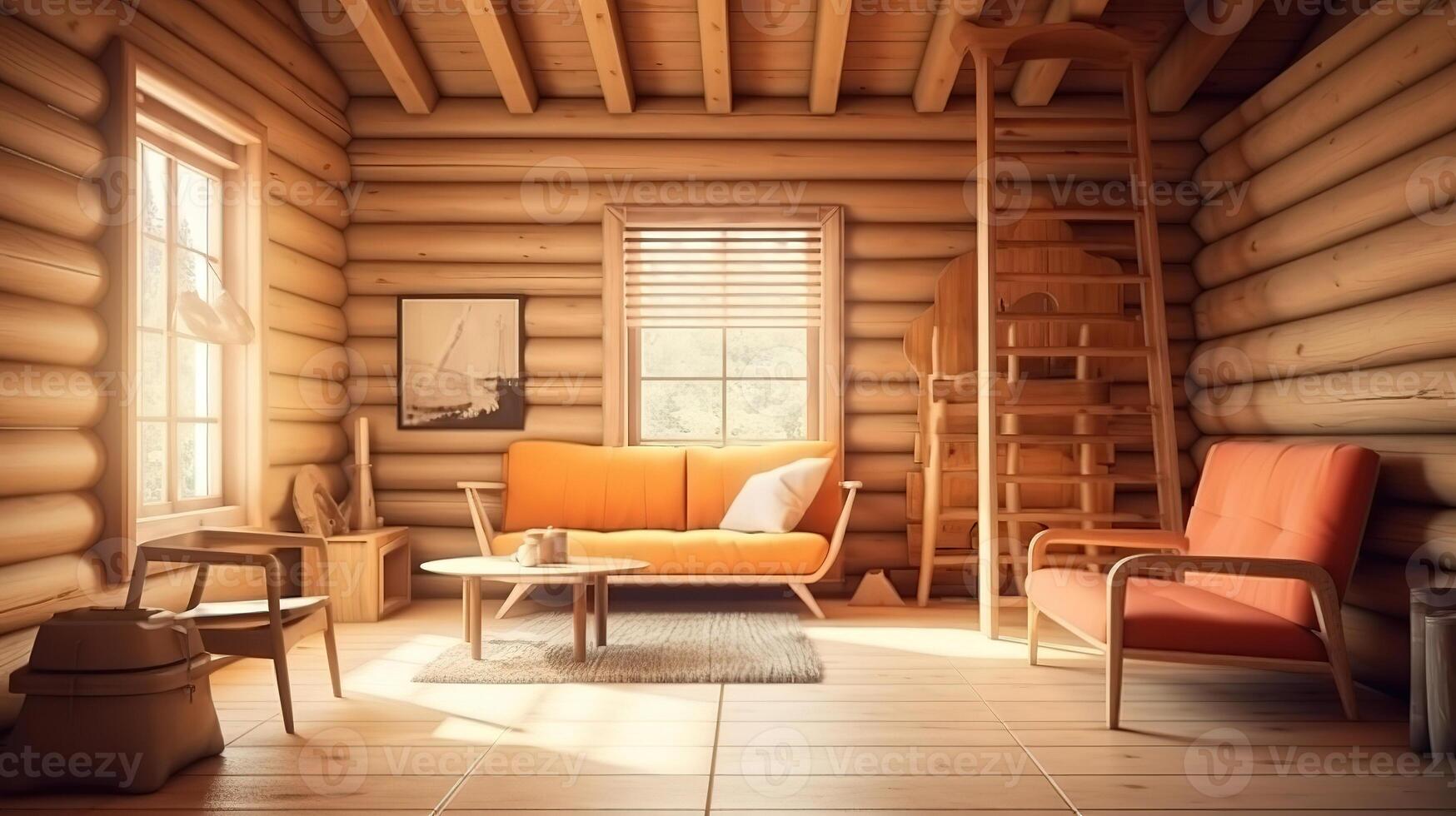 Home mockup, cozy log cabin interior background, 3d render. photo