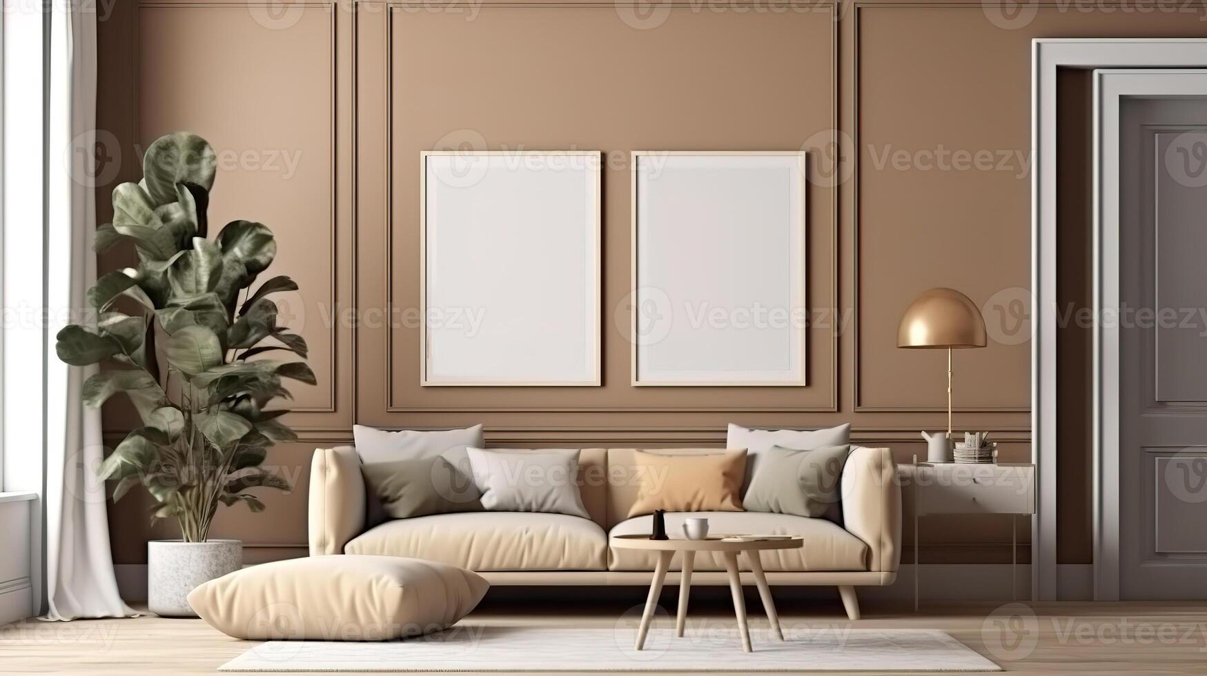 Frame mockup in home interior with decoration, living room in brown warm color. photo