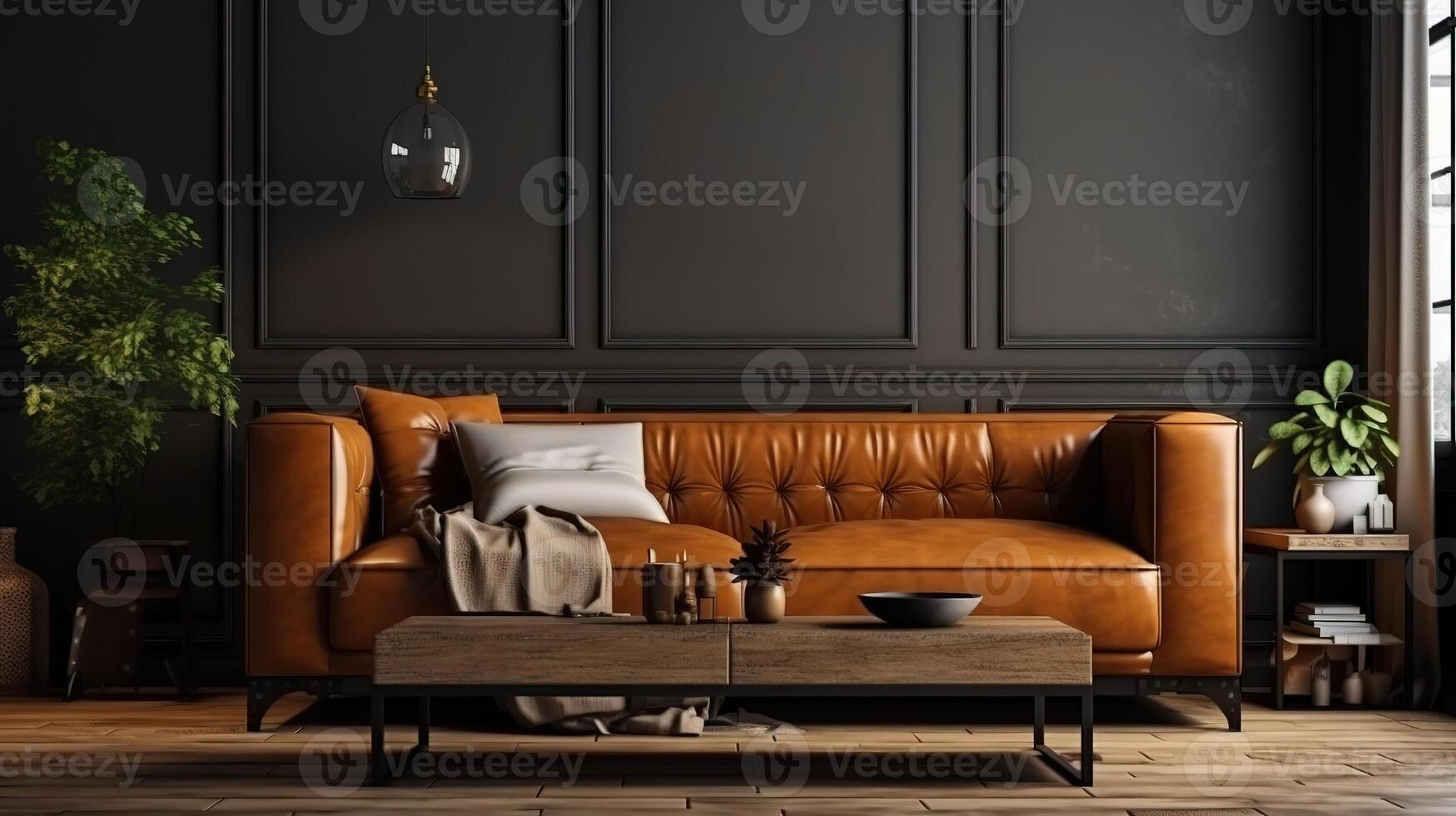 Art Deco interior design is classic. a sofa with a table light and vase. photo