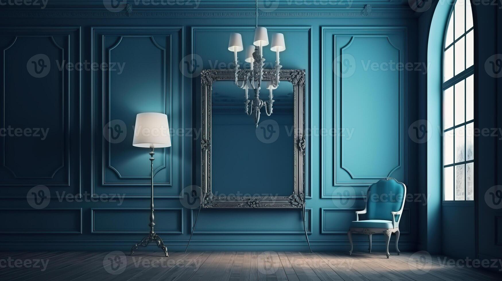 Photo frame mockup with ornament wall 3d rendering.