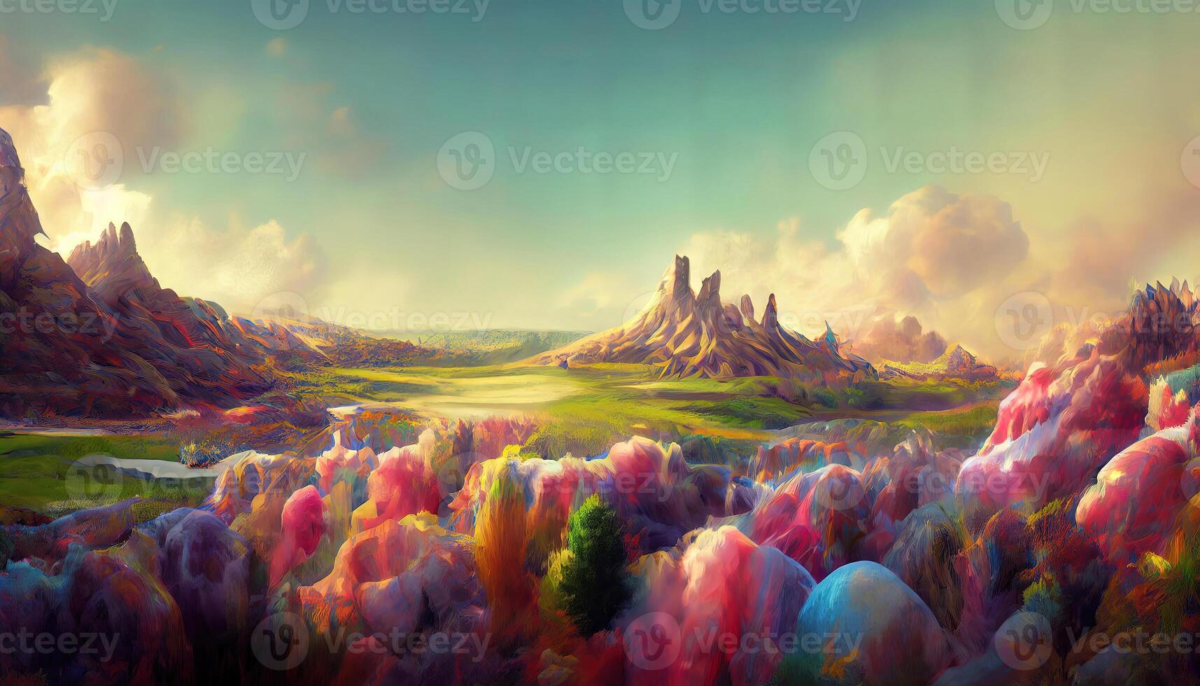 3d rendering of a colorful fantasy landscape, Detailed, colored. photo
