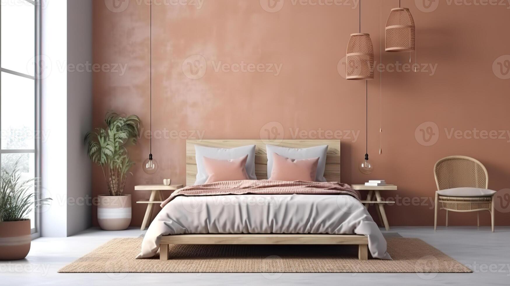 Home interior mock-up, blank wall in Scandinavian bedroom interior. photo