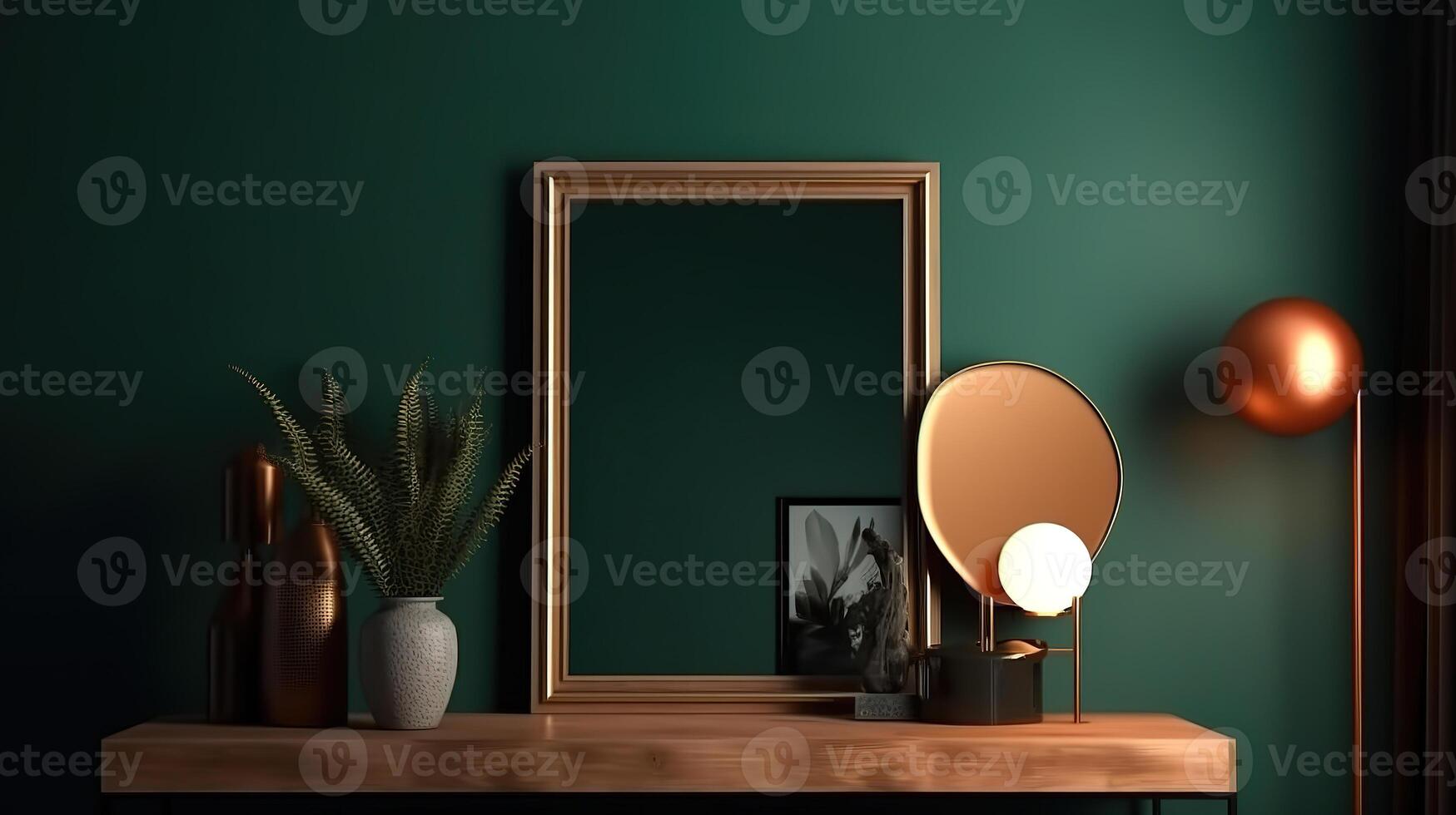 Frame mockup in dark green home interior, 3d render. photo