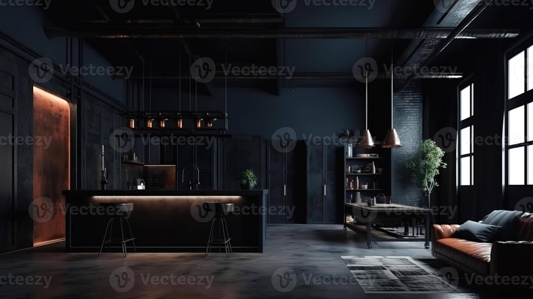 Modern dark home interior background, industrial style, 3d render. photo