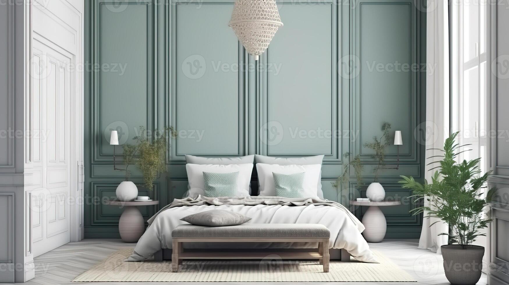 Realistic modern double bedroom with furniture and a frame. photo