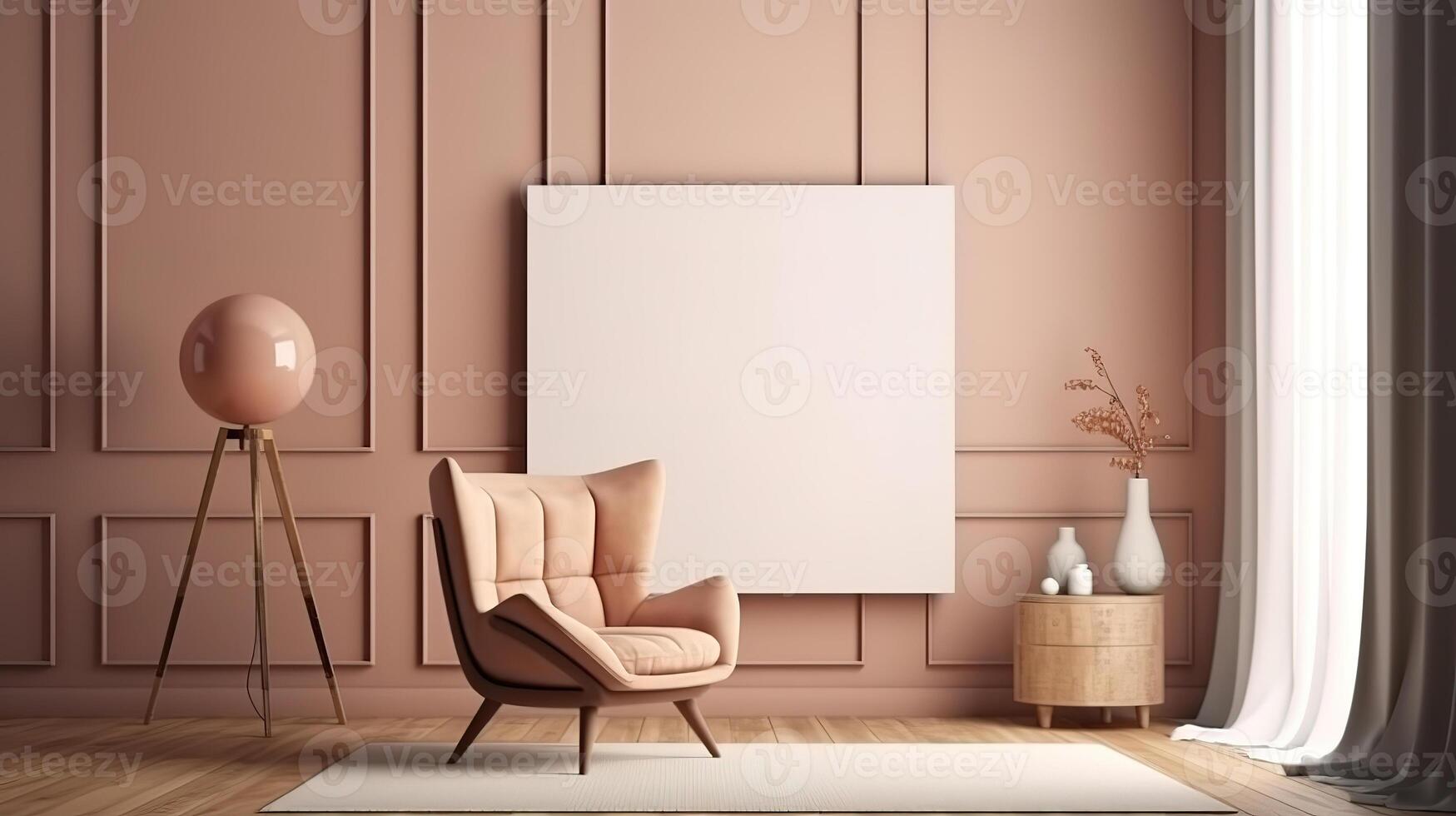 Picture frame mockup leaning in modern living room home decor interior. photo