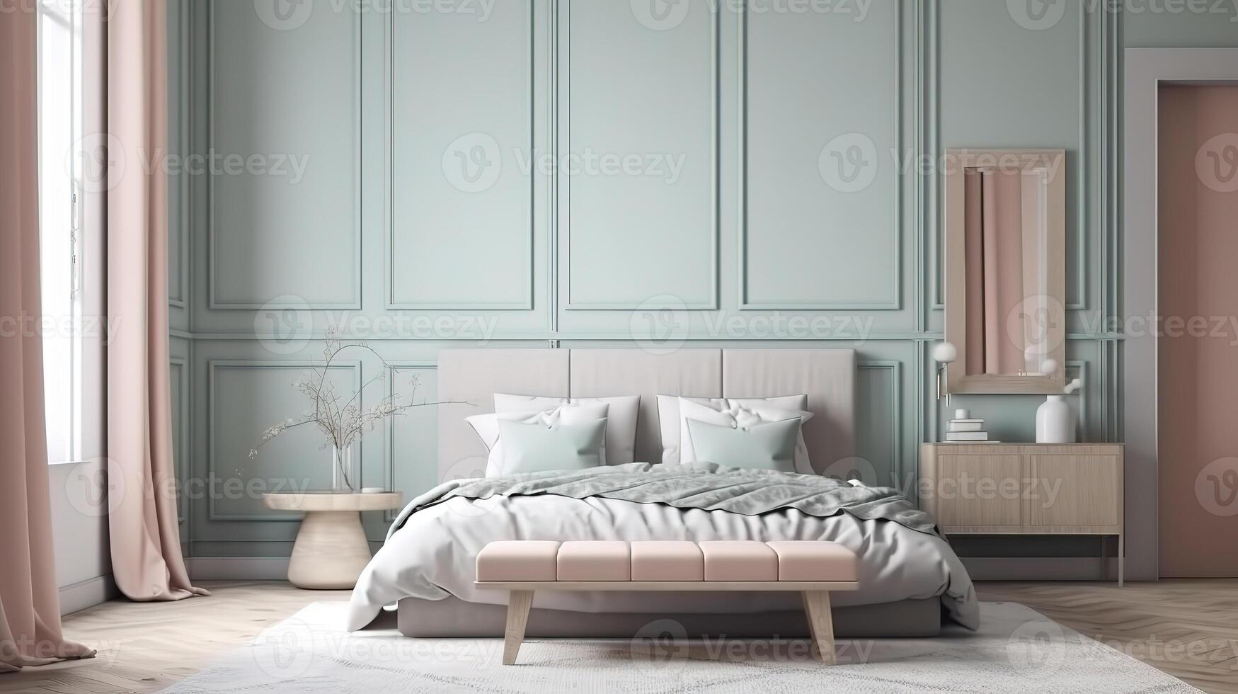 Picture frame mockup in a bright and clean modern bedroom. photo