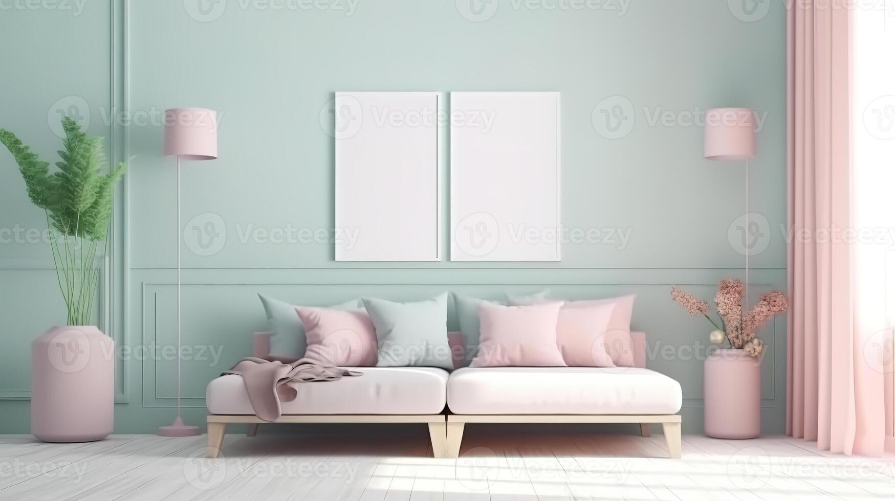 View of room decor made up of frame and plant vase with plate. photo