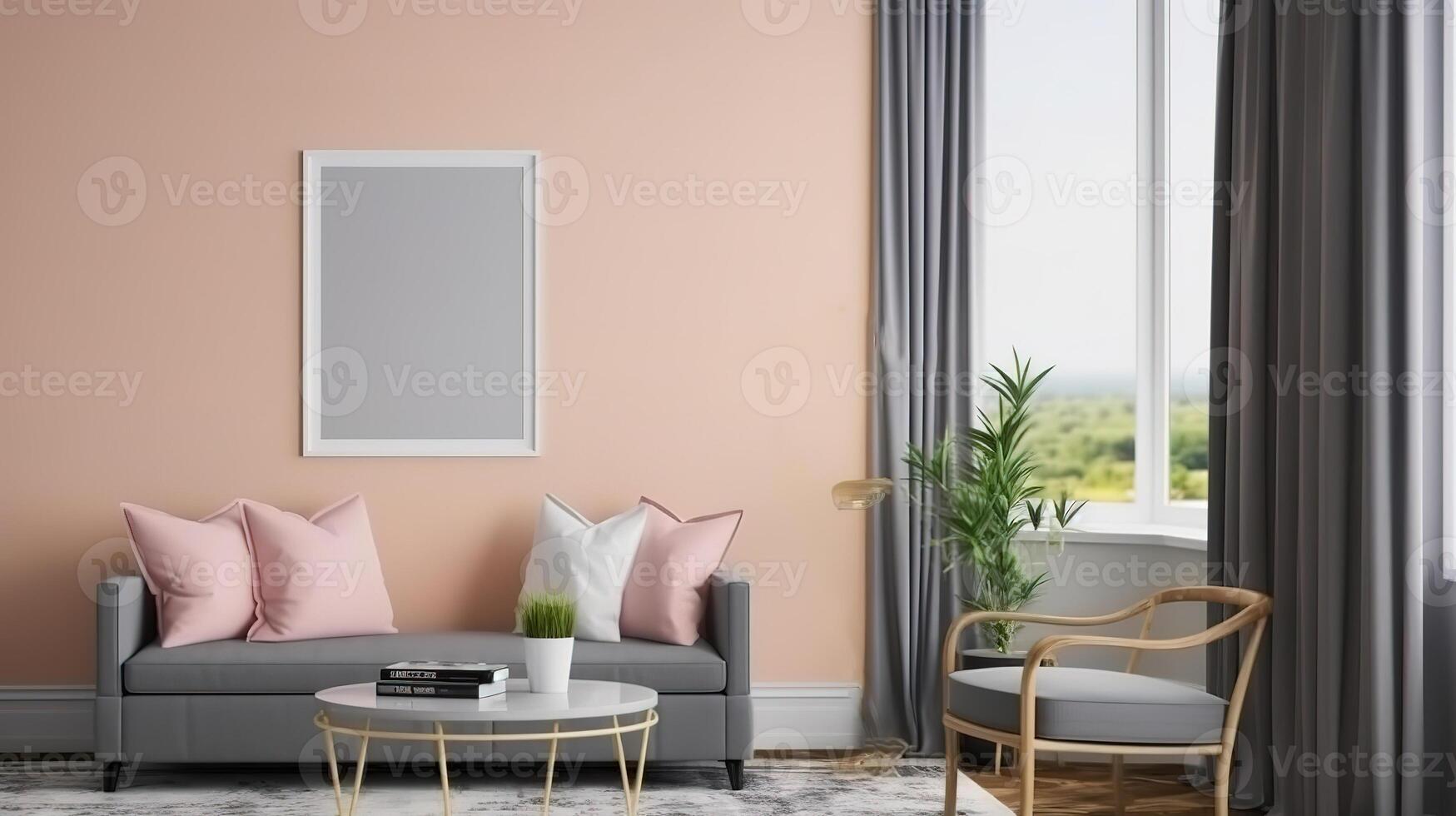 Frame mockup in living room interior background, 3d render, Bright color. photo