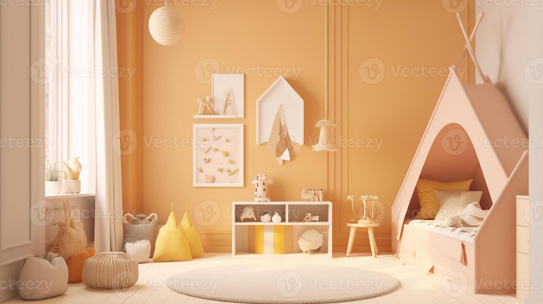 Mock up wall in children's room with cream color room design. photo