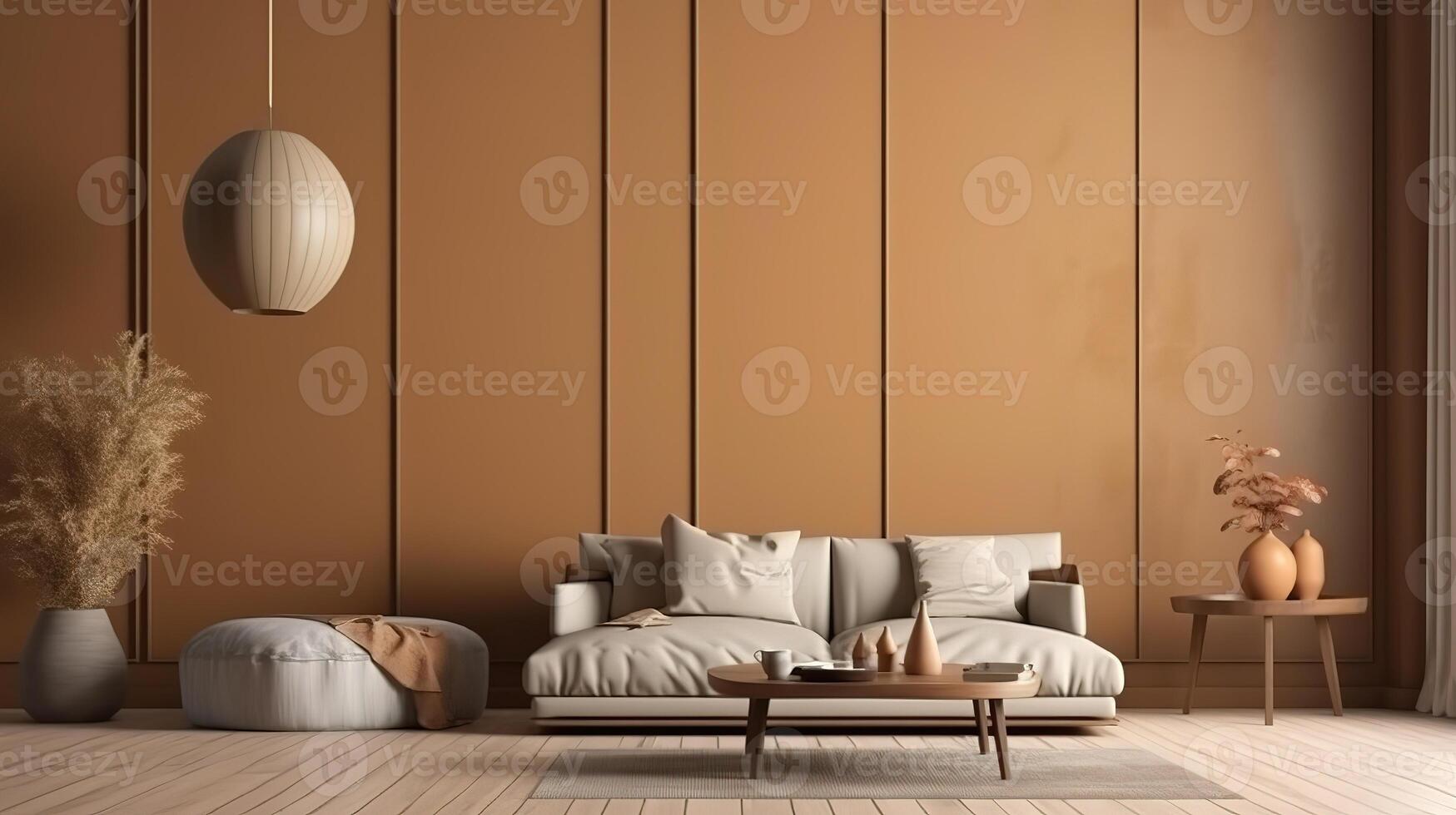 Wall mockup in home interior, living room in brown warm color. photo