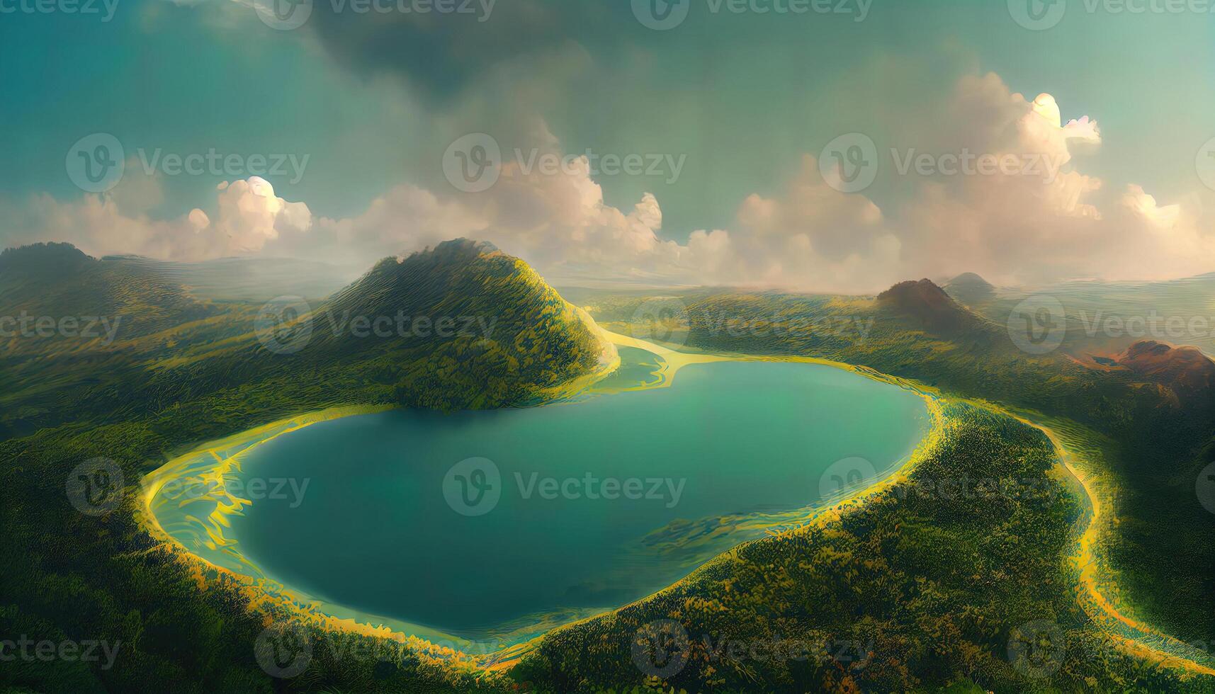 A conceptual image showing a lung-shaped lake in a lush and pristine jungle. photo