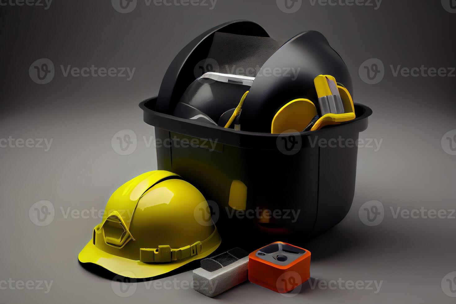 Open plastic tool kit box with construction safety helmet and various hand tools. photo