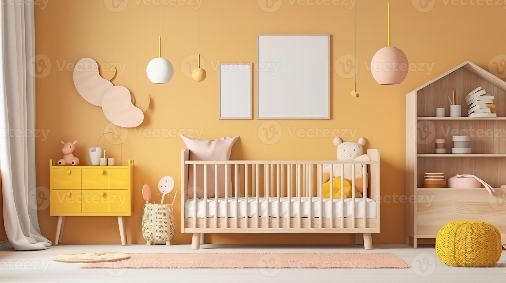 Mock up frame in children room with natural wooden furniture. photo